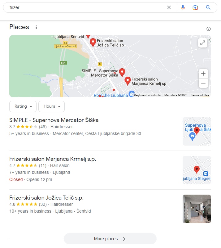 prikaz lokalnih zadetkov Google Business profilov v brskalniku
