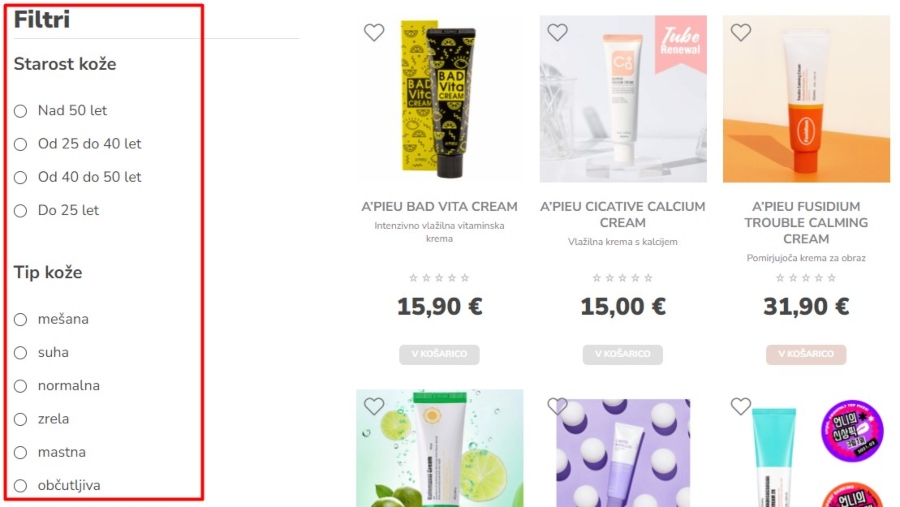 filtri v spletni trgovini